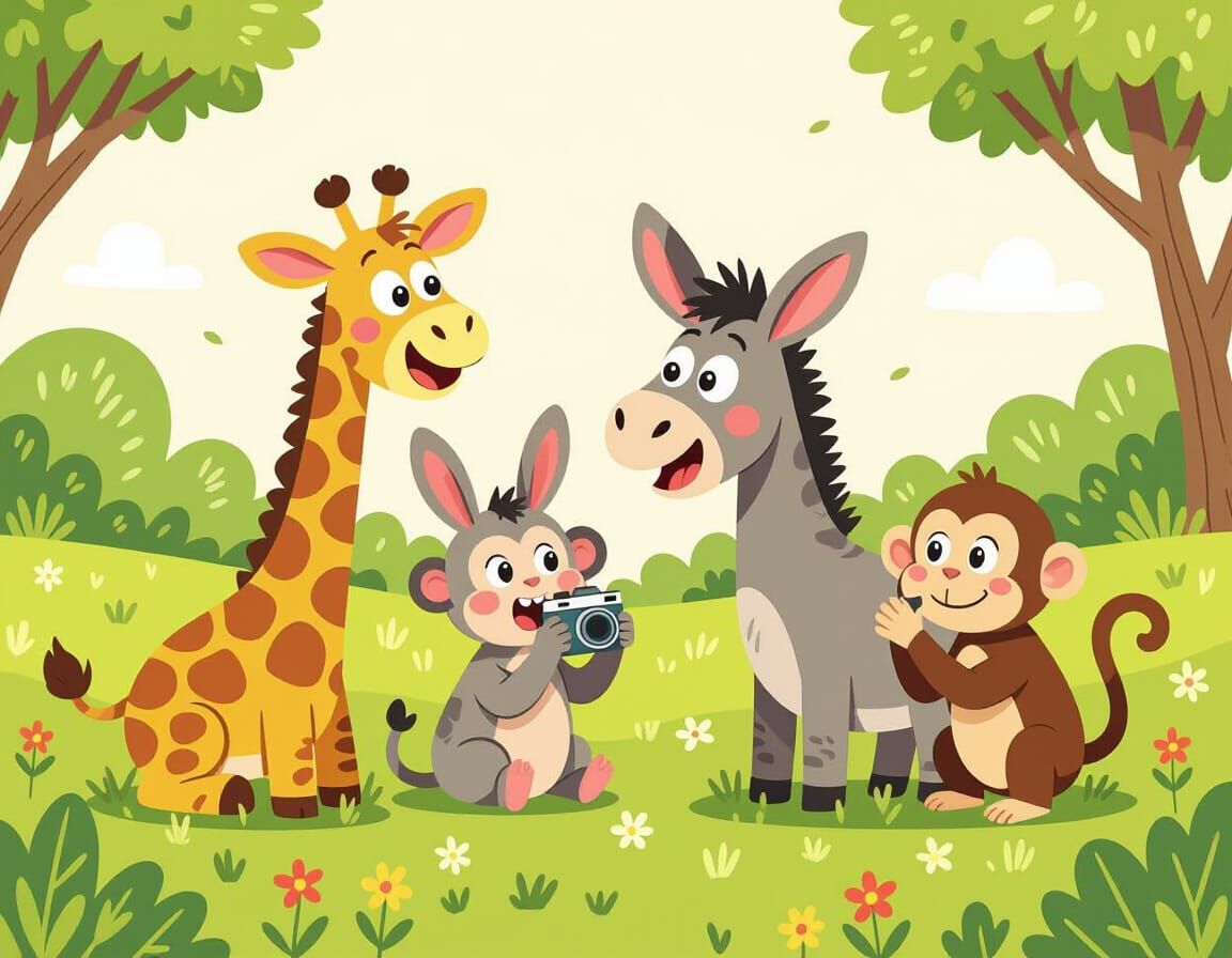 Whimsical Giraffe, Donkey, and Monkeys in Field