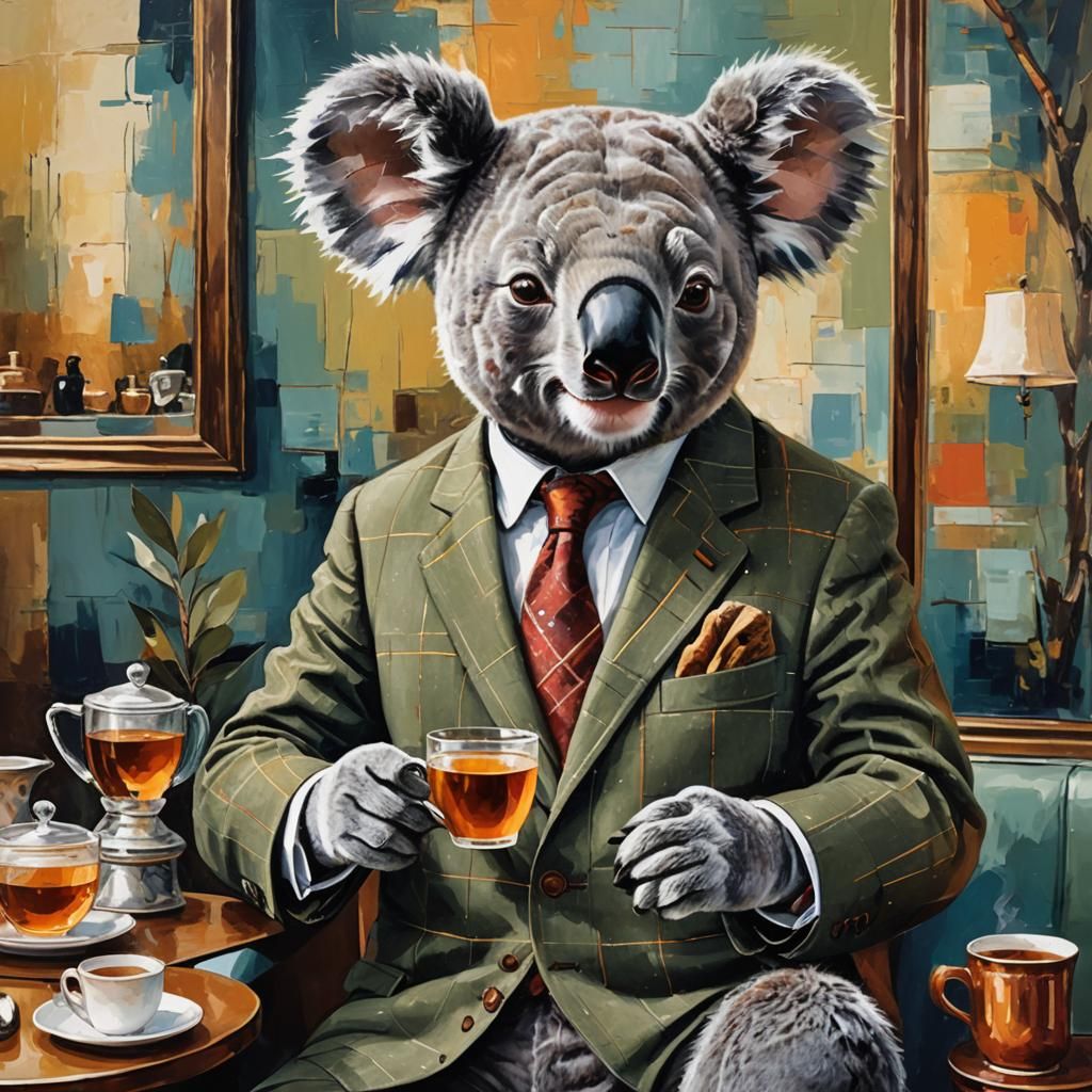 Koala Bear Sipping Tea: An Elegant Oil Painting