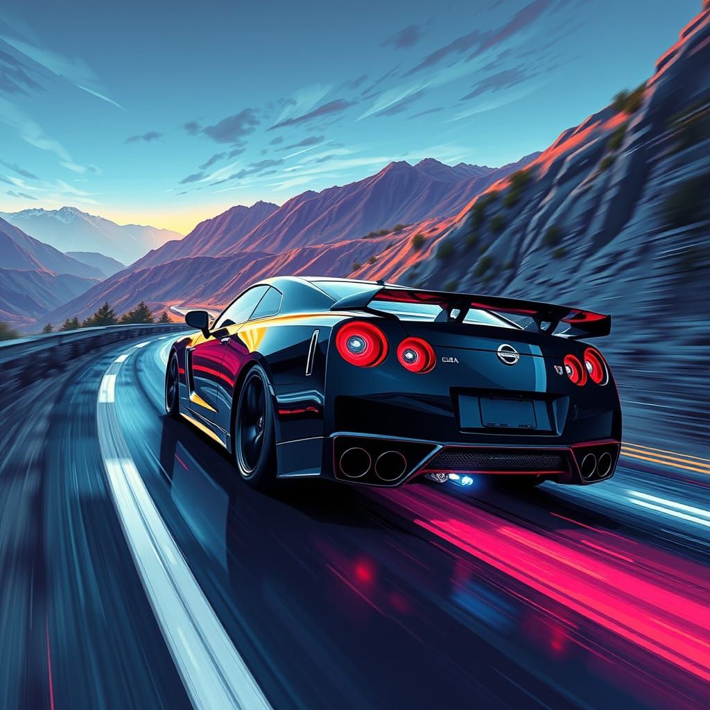 Sleek Futuristic Sports Car Speeds Down Winding Mountain Roa...