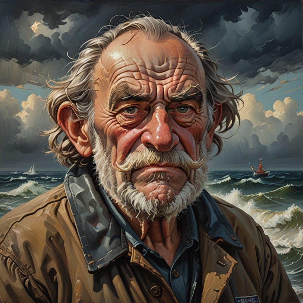 Grumpy Old Fisherman Caricature in Stormy Sea