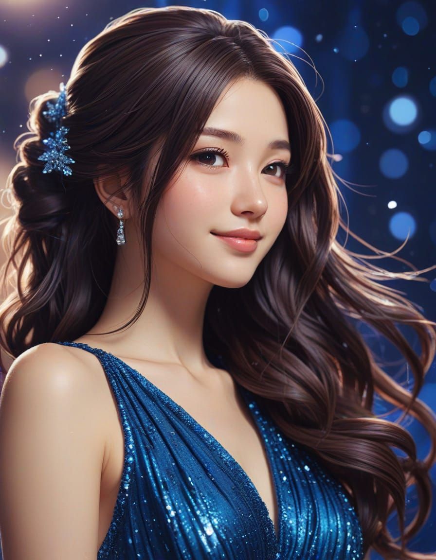 Japanese Woman in Blue Dress, Manga Style