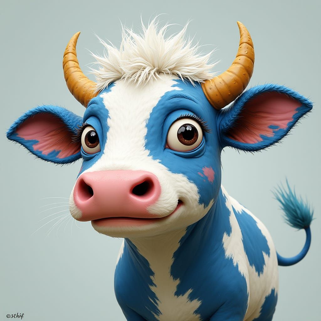 Vibrant Whimsical Cow Painting with Playful Facial Expressio...
