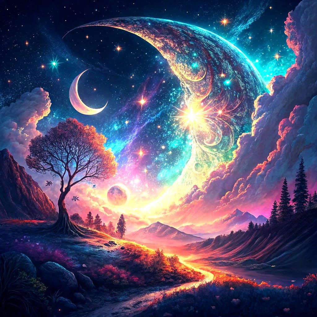 Cosmic Crescent Moon in Astral Landscape