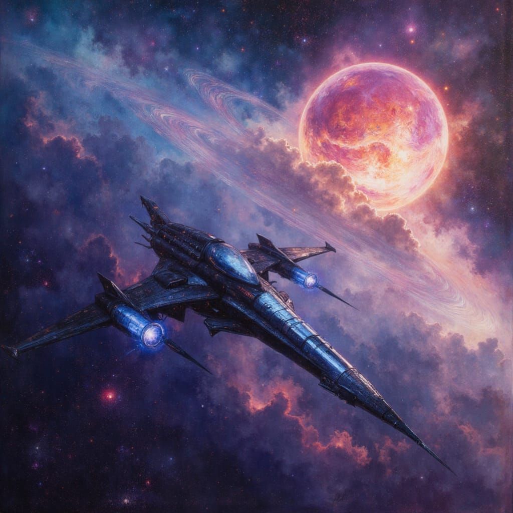 Advanced Spaceship Approaches Alien Planet in Nebula