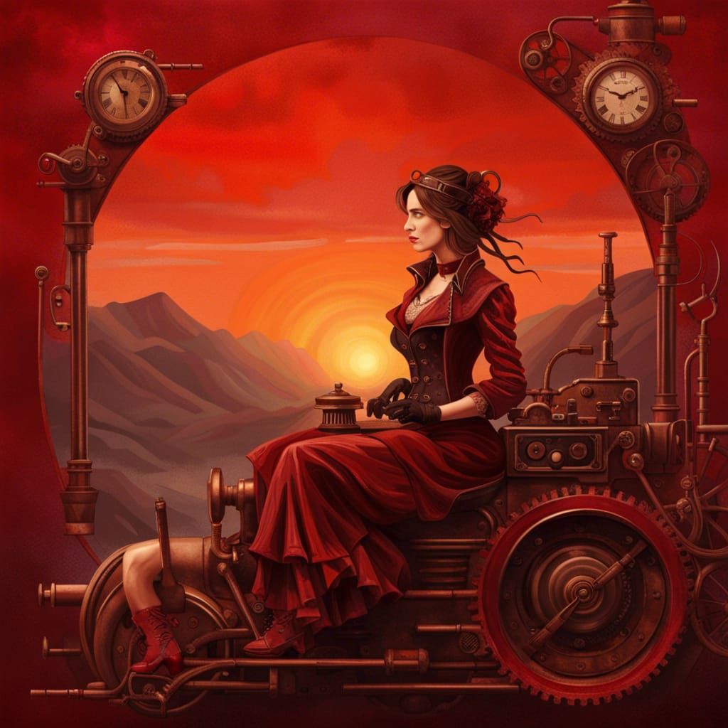 Steampunk Sunrise Over Mountains with Red Sky