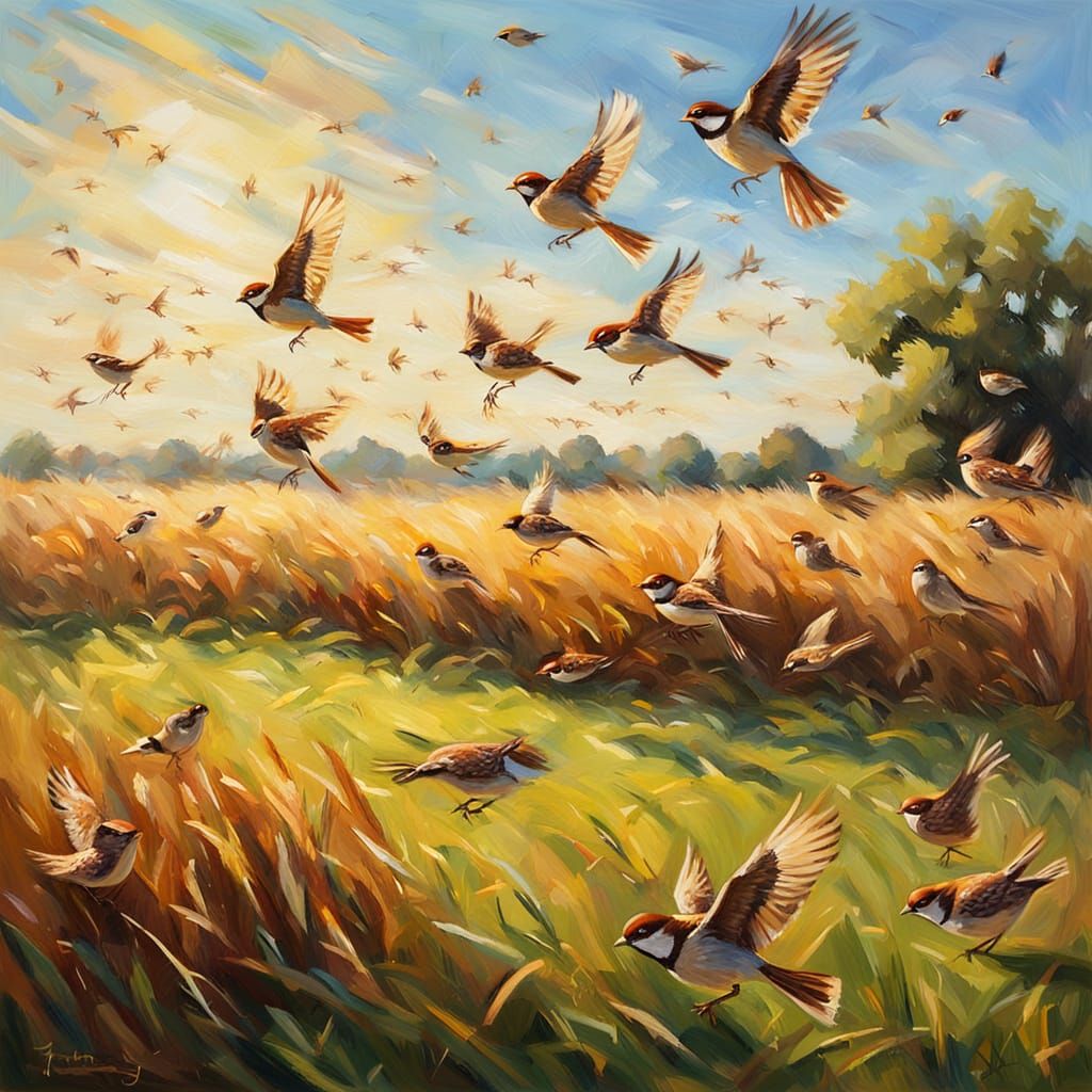 Sparrows in Flight: Impressionist Oil Painting