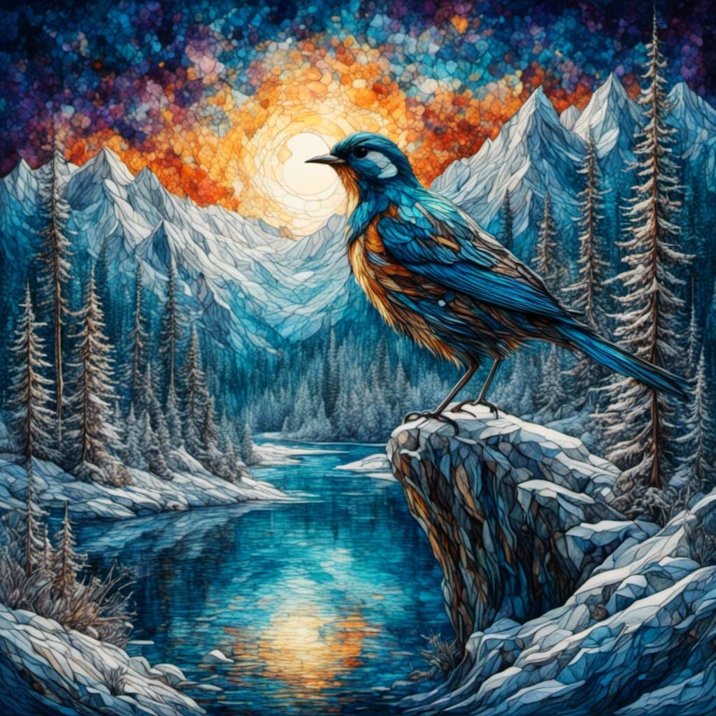 Winter Bird Landscape in Starry Night Style