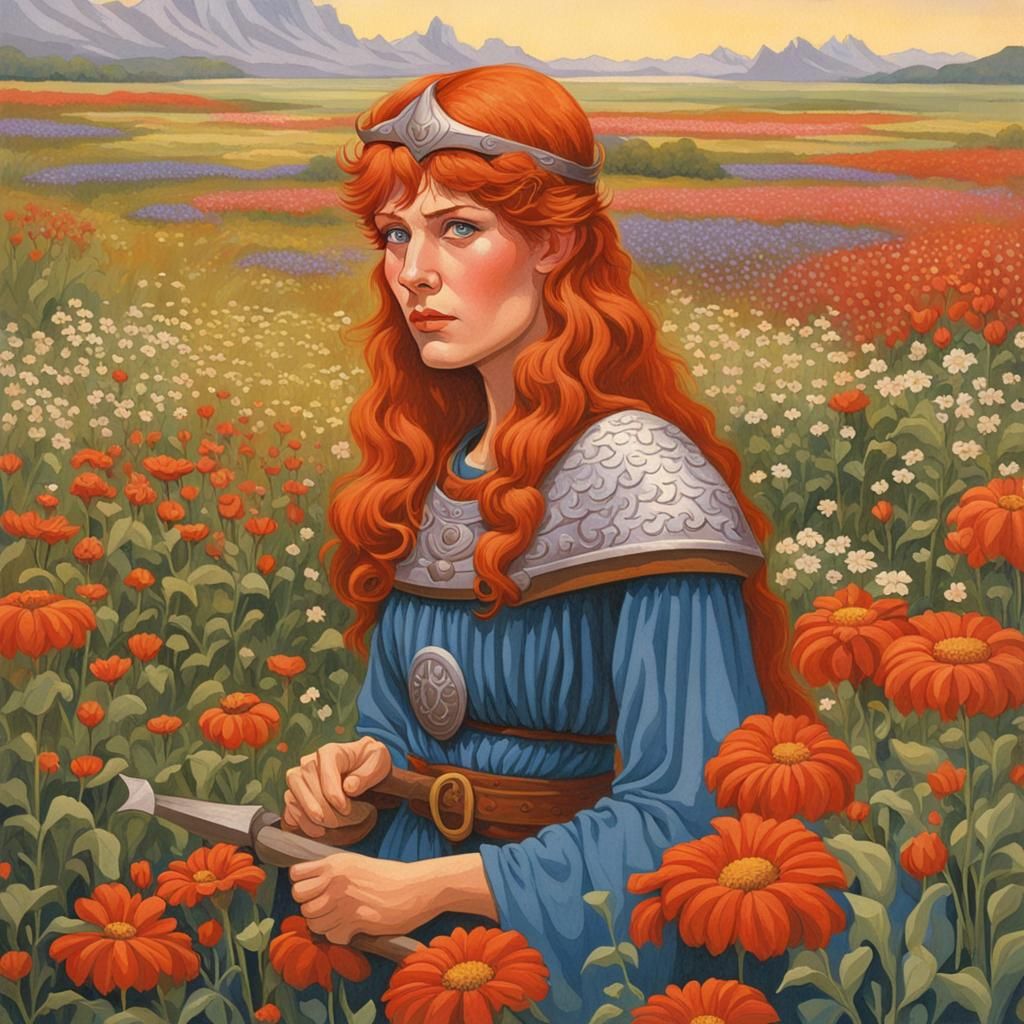 Red-Haired Viking Woman in Floral Field, Gouache Painting