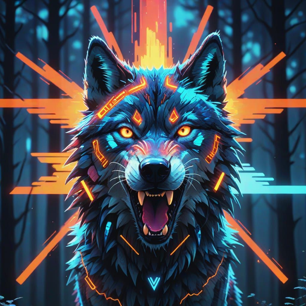 Neon Glitch Art: Magical Glowing Wolf in Forest