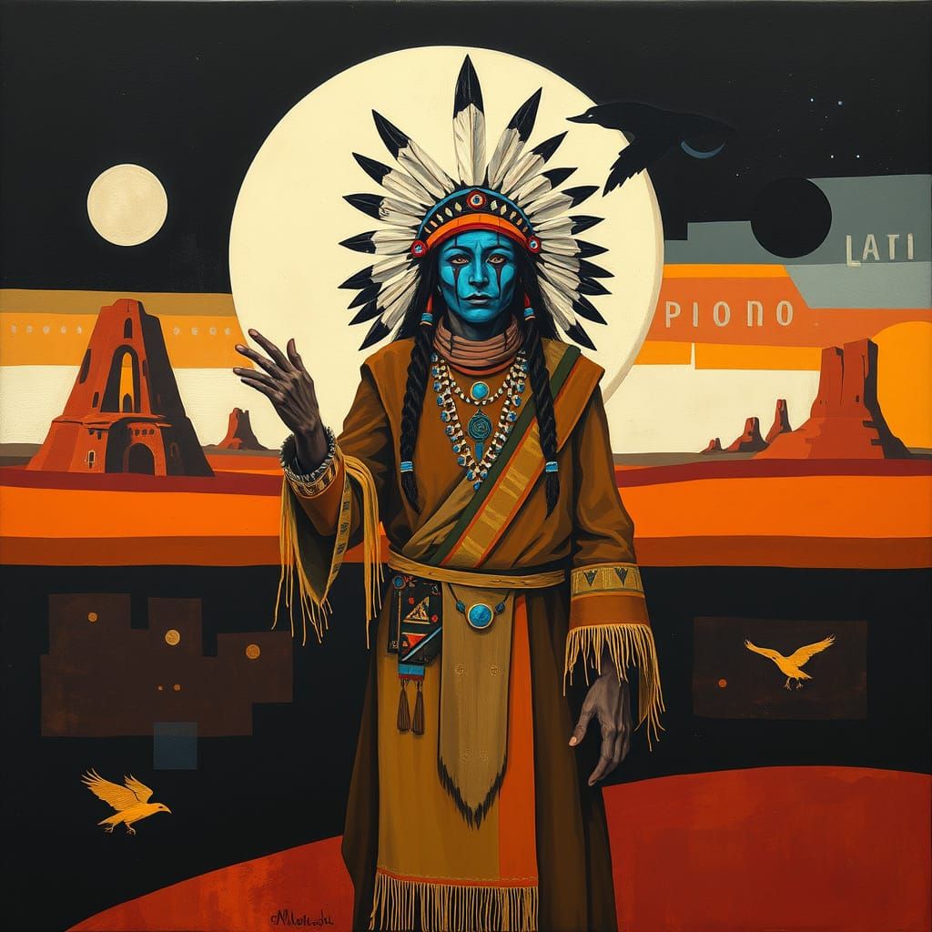 Shaman Summons Raven in Abstract Cubist Style