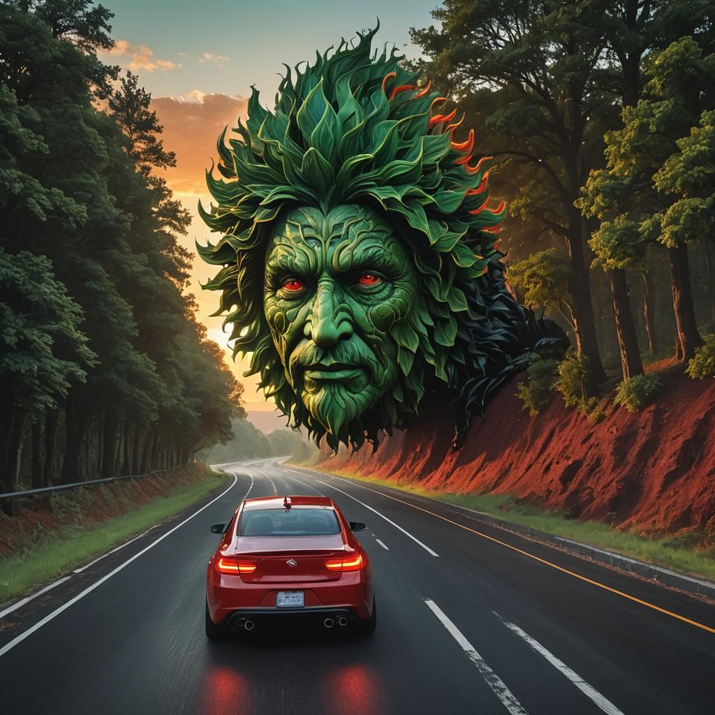 Green Man Drives at Sunrise: Hyperrealistic Render