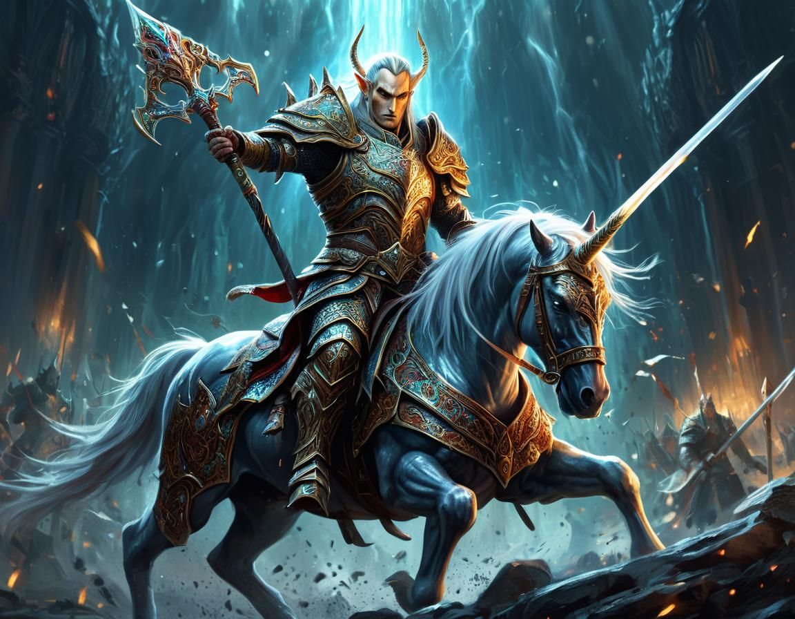 High Elf Warrior on Unicorn Battles Orc