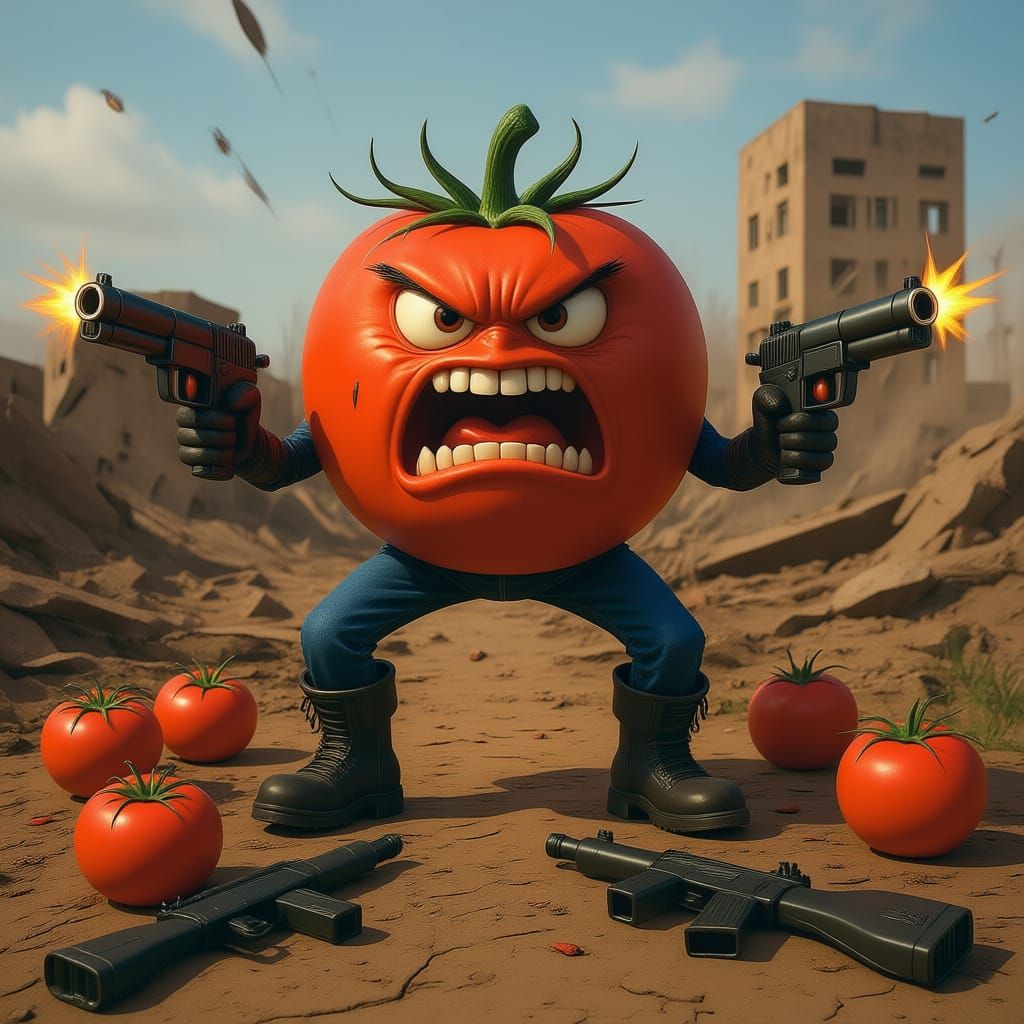 Angry Tomato Warrior with Machine Guns