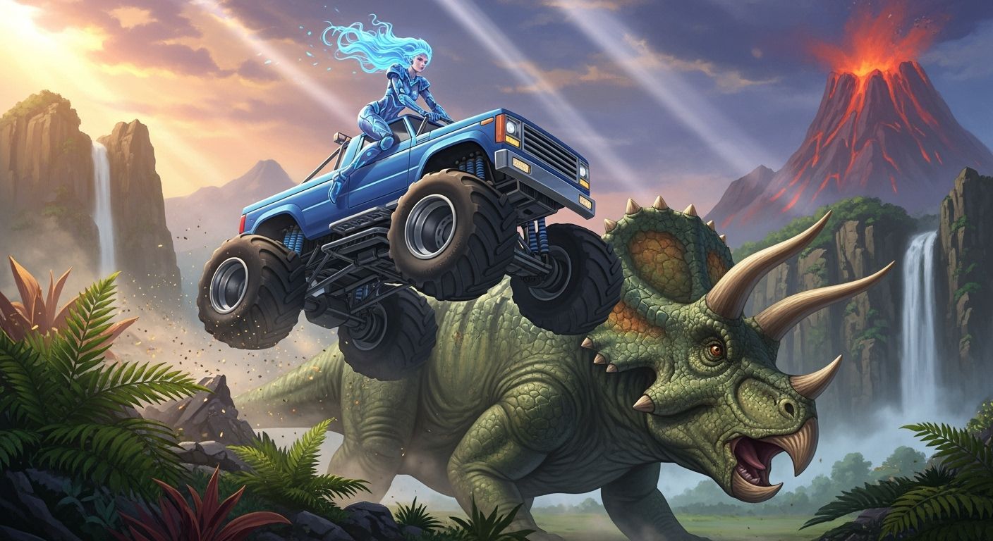Greek Goddess Rides Monster Truck in Anime Style