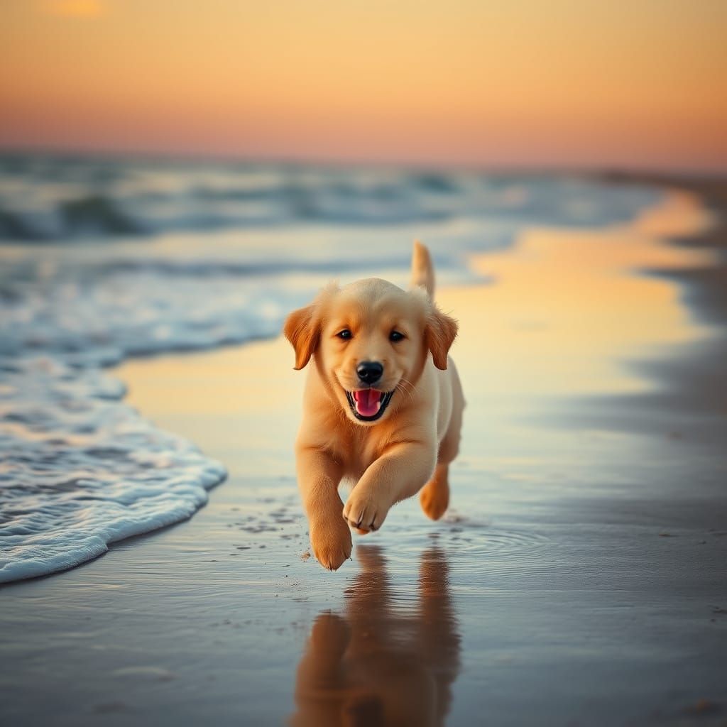 Golden Retriever Puppy Chases Ball in Sunset Beach Scene