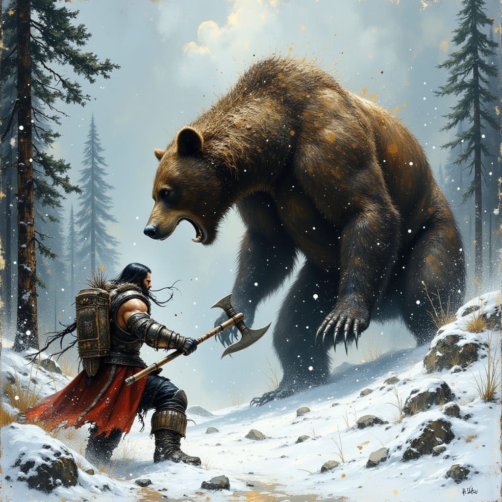 Barbarian Warrior Fights Grizzly Bear in Snowy Forest