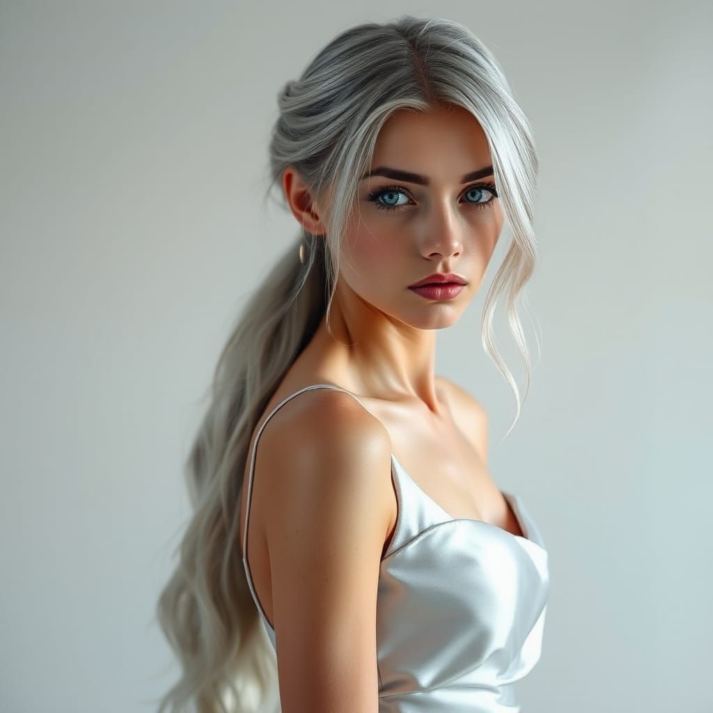 Elegant Woman in Silver Gown: High-Fashion Portrait