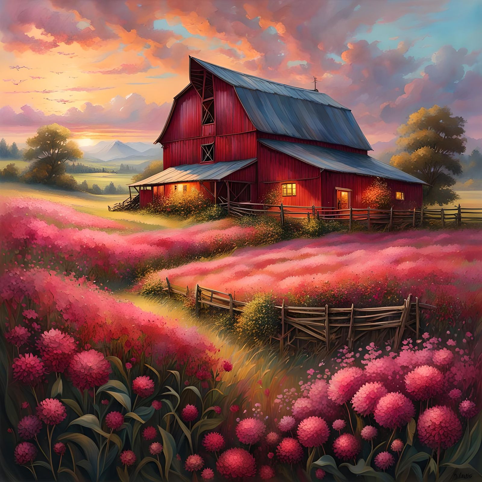 Farmhouse and Barn in Red Clover Field Illustration