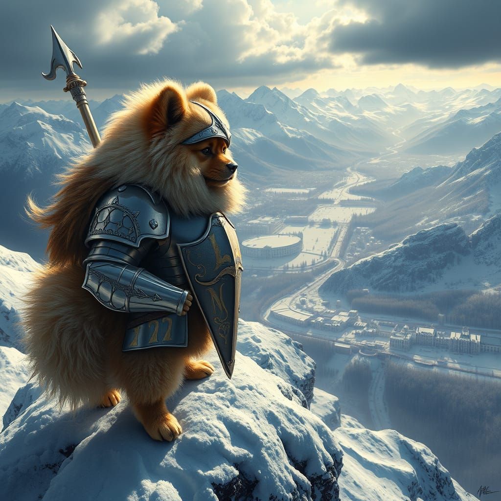 Pomeranian Knight on Mountain Peak in Hyperrealistic Style