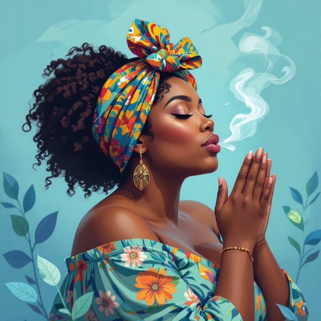 Black Woman in Headwrap with Expressive Lines