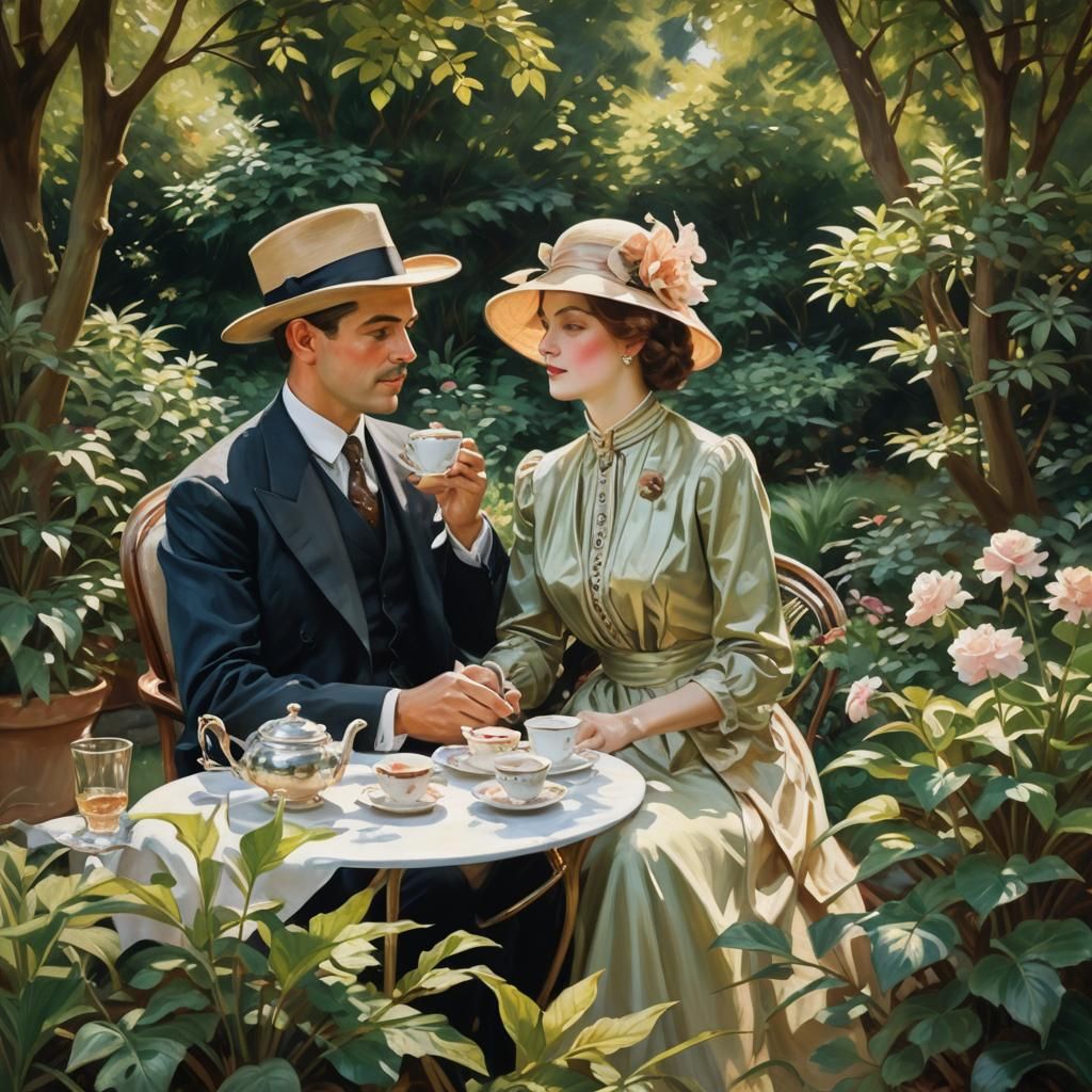 English Couple's Art Deco Garden Party, Sargent-Style Oil