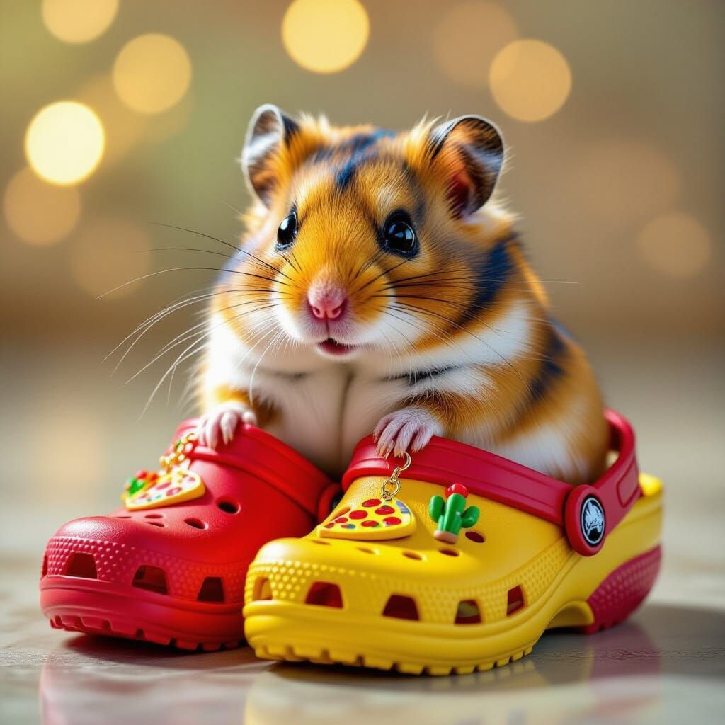 Photorealistic Hamster Wearing Crocs with Charms