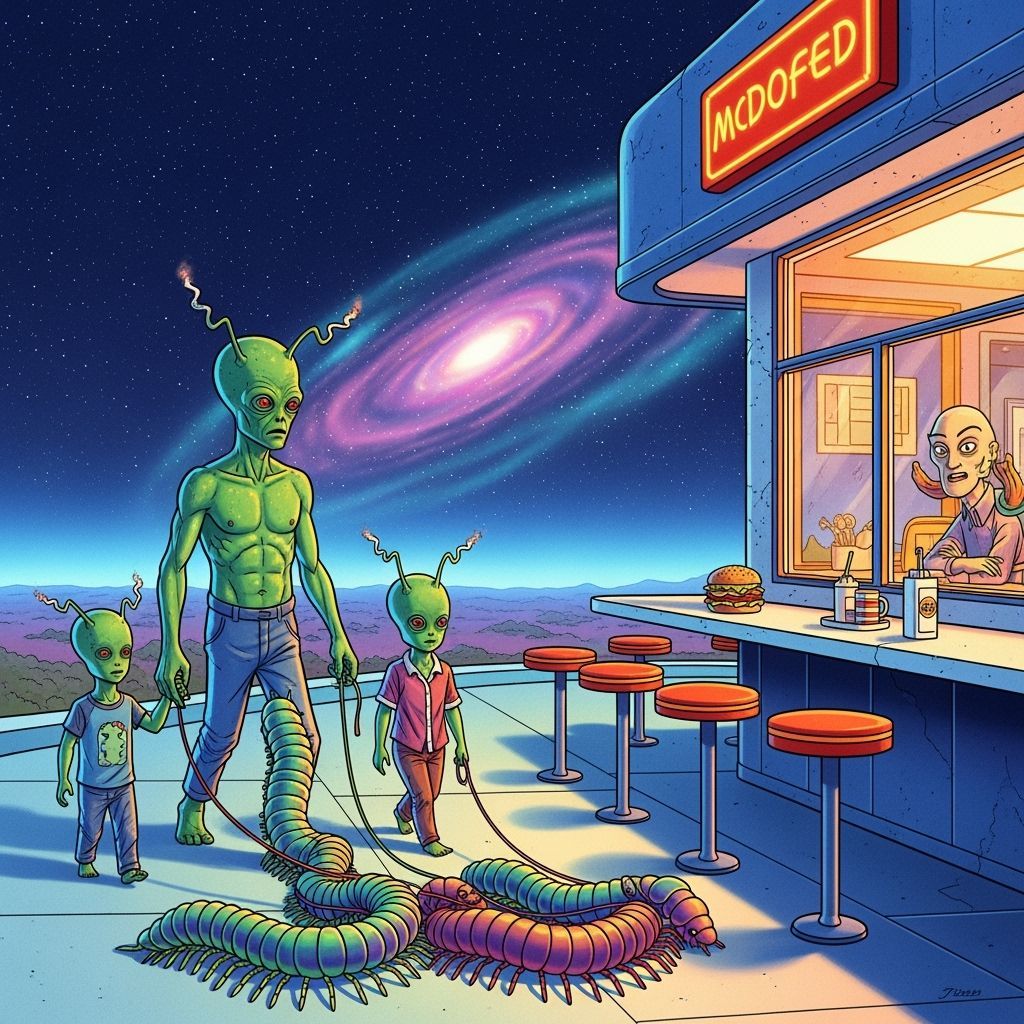 Alien Families Meet at Neon-Lit Retro-Futuristic Restaurant
