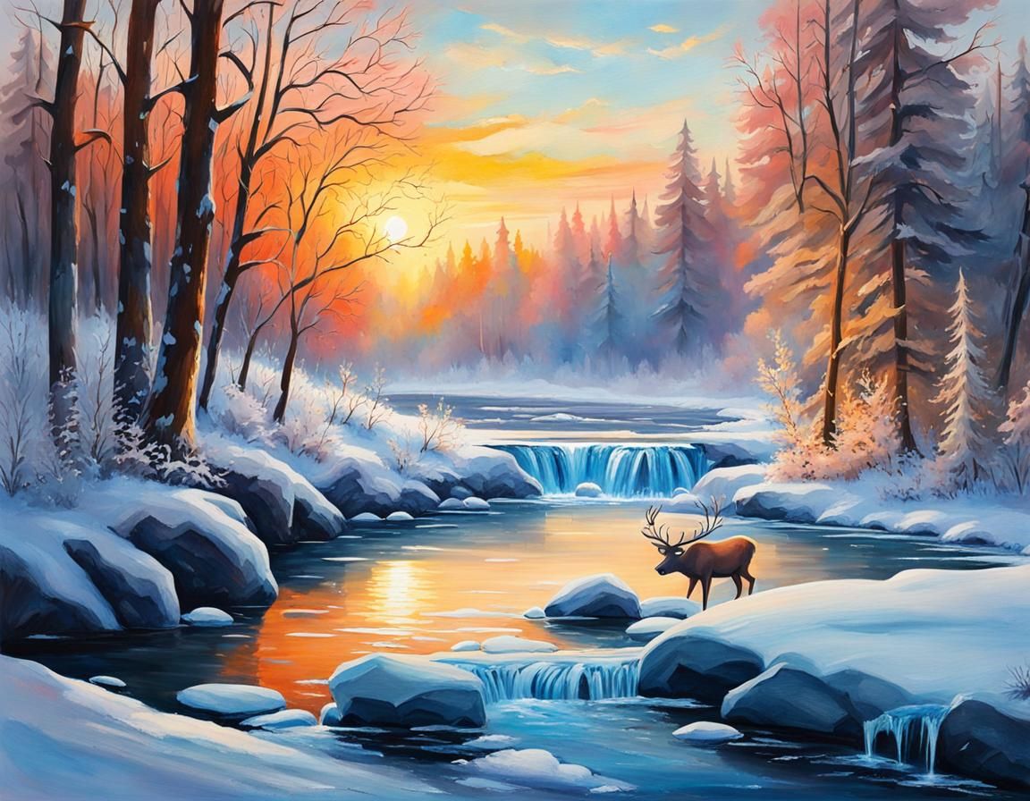 Icy River with Reindeer in Gouache Style