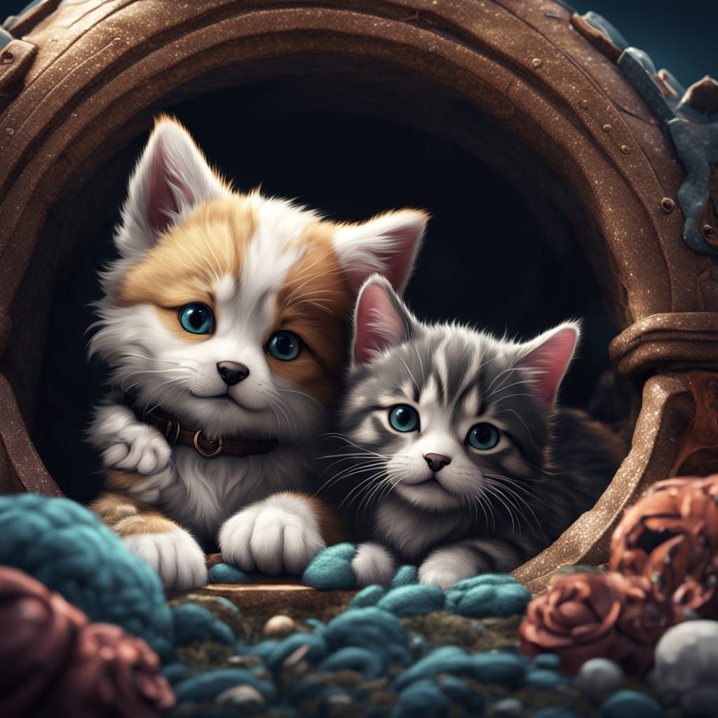 Fantastical Puppy and Kitten Portrait in Vibrant Colors