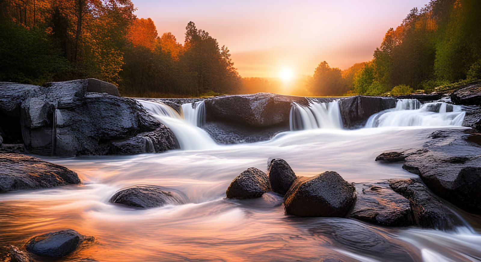Sunset Waterfalls Flowing Through Forest