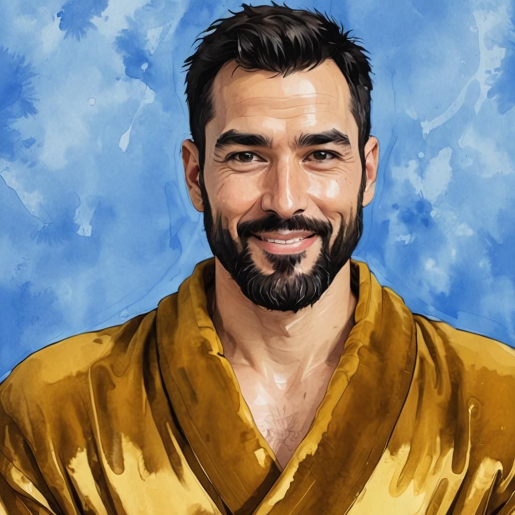 Smiling Man in Yellow Velvet Robe: Alcohol Ink Art