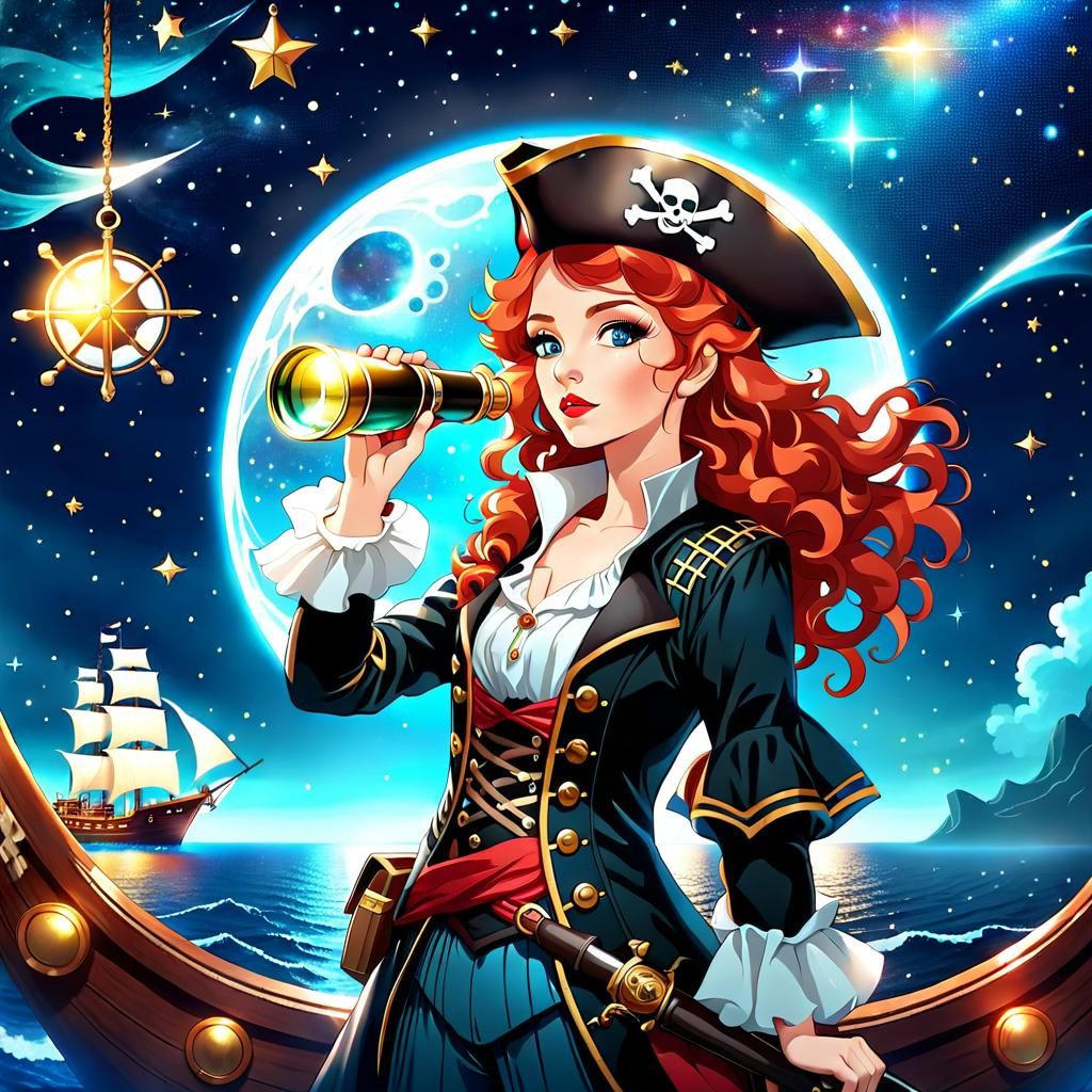 Pirate Woman on Ship in Cosmic Ocean