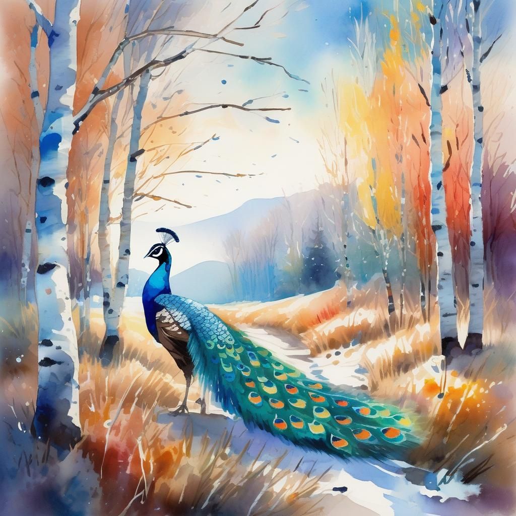 Peacock in Frosty Birch Forest, Watercolor Concept Art