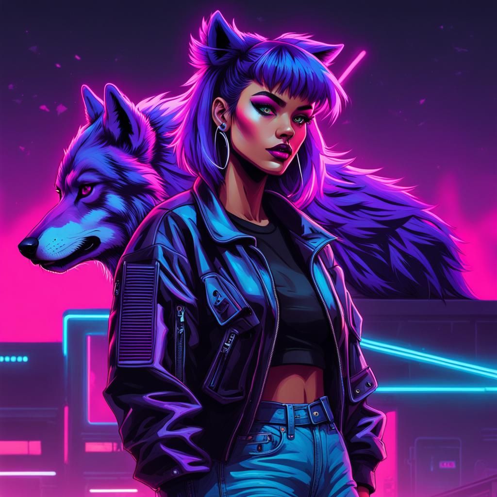 Girl with Wolf-Cut and Synthwave Neon Style