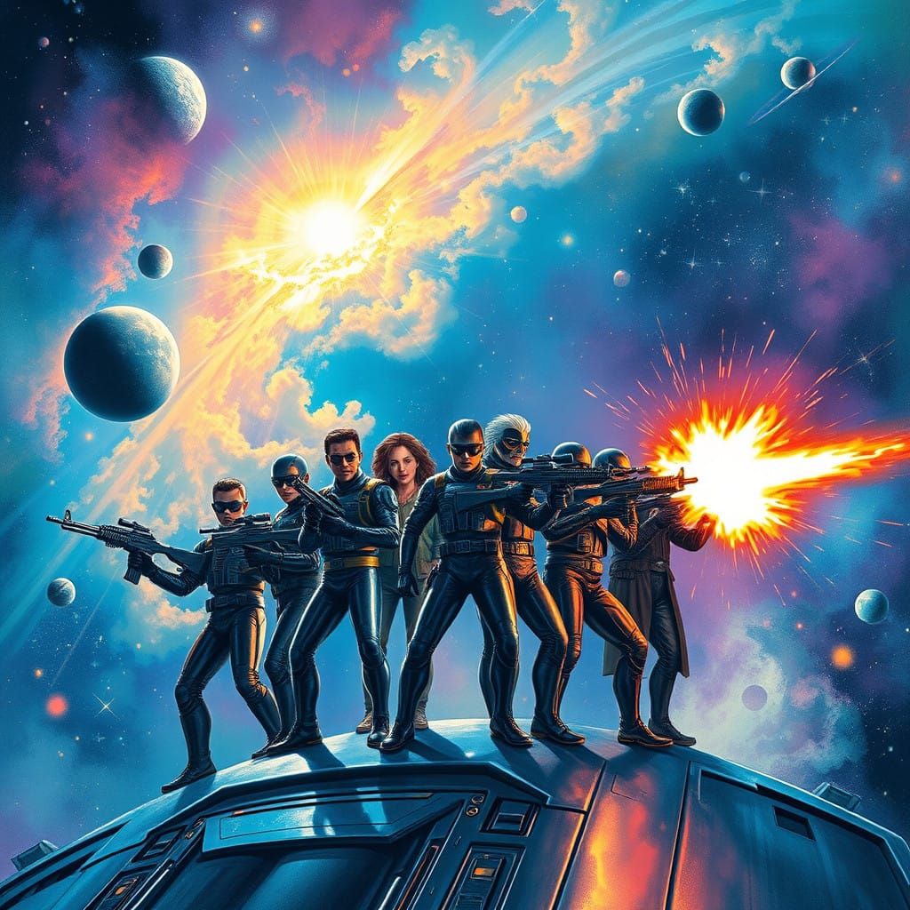 Vibrant Space Heroes Stand Ready Amidst Nebula