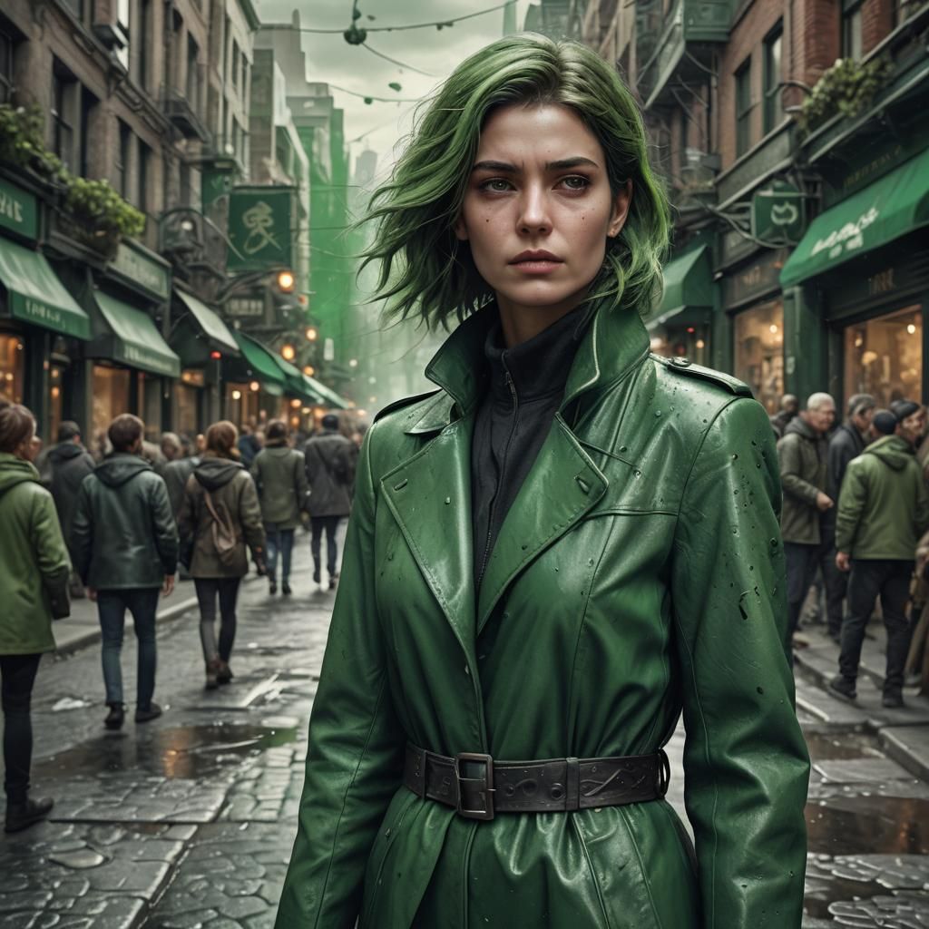 Contemplative Green Woman in Monochrome Cityscape