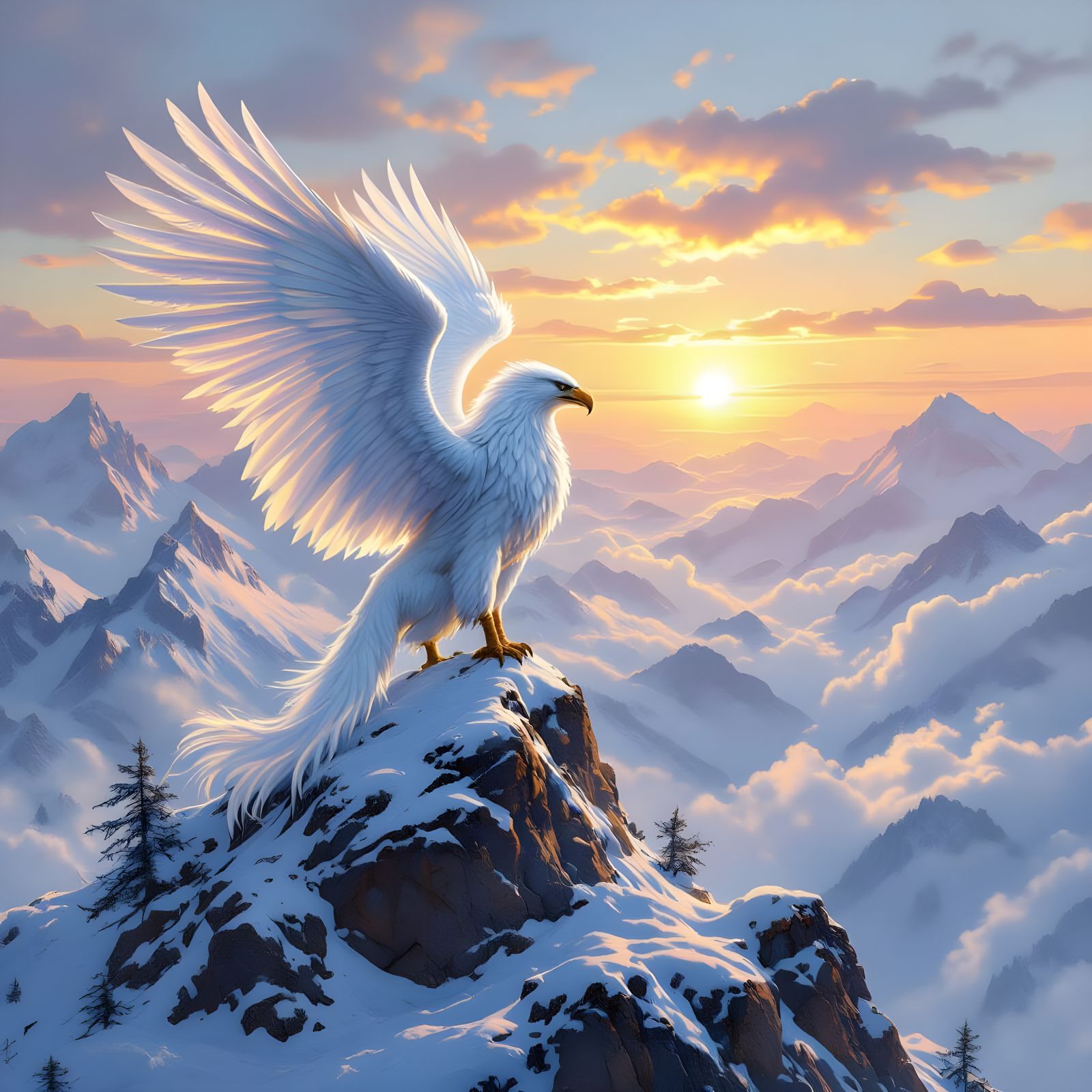 Griffin Overlooking Misty Valley in Fantasy Style