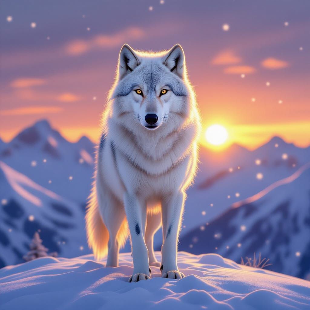 Majestic White Wolf on Snowy Peak at Dawn