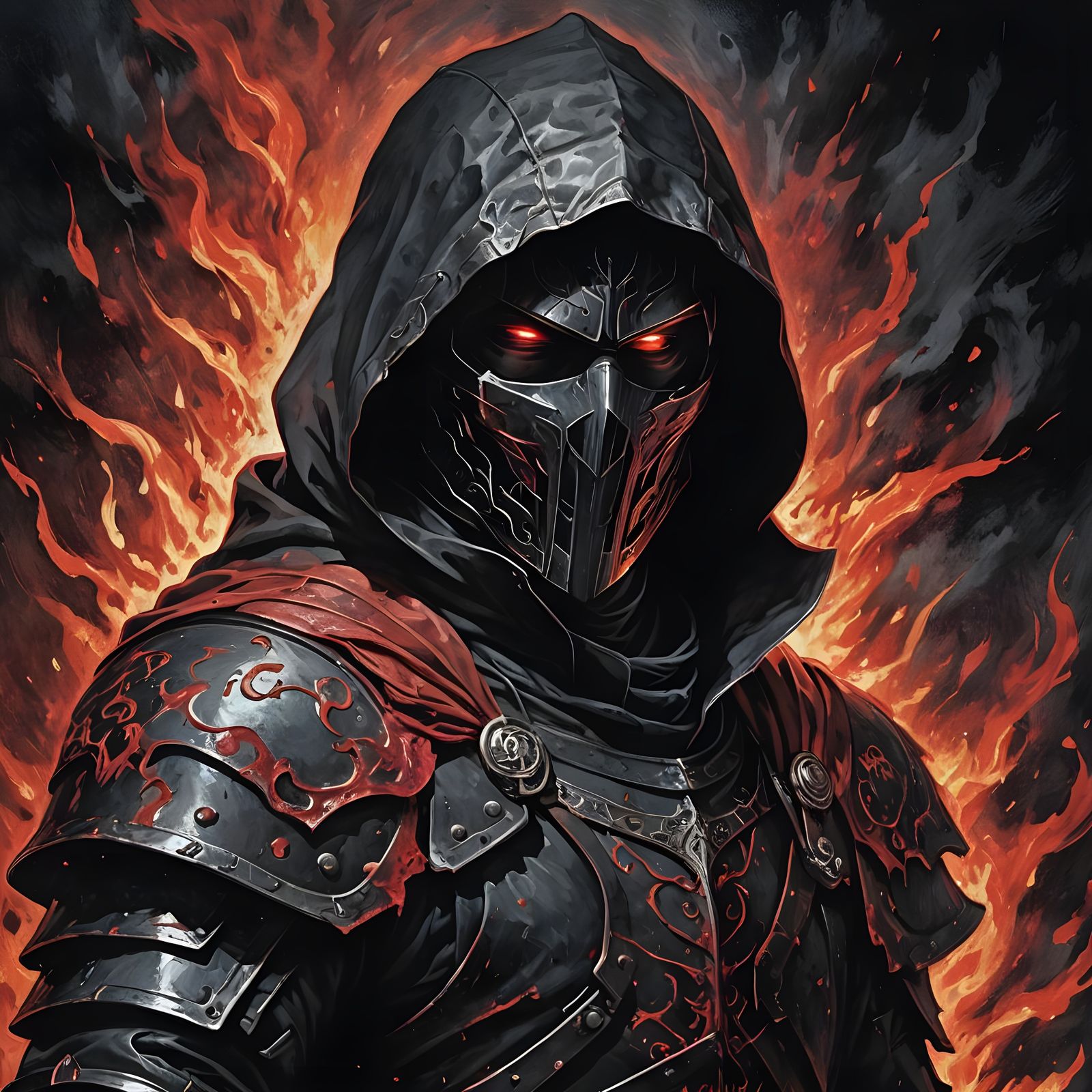 Dark Hooded Figure in Crimson Inferno