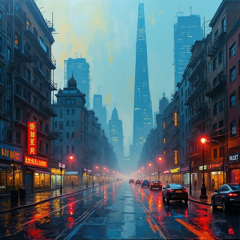 Cyberpunk England: Neo-Impressionist Cityscape