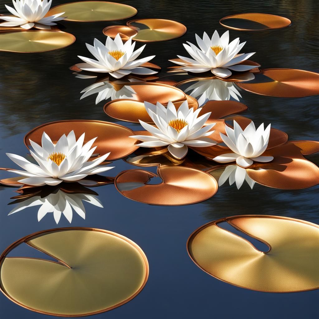Metallic Water Lilies in a Sunlit Pond