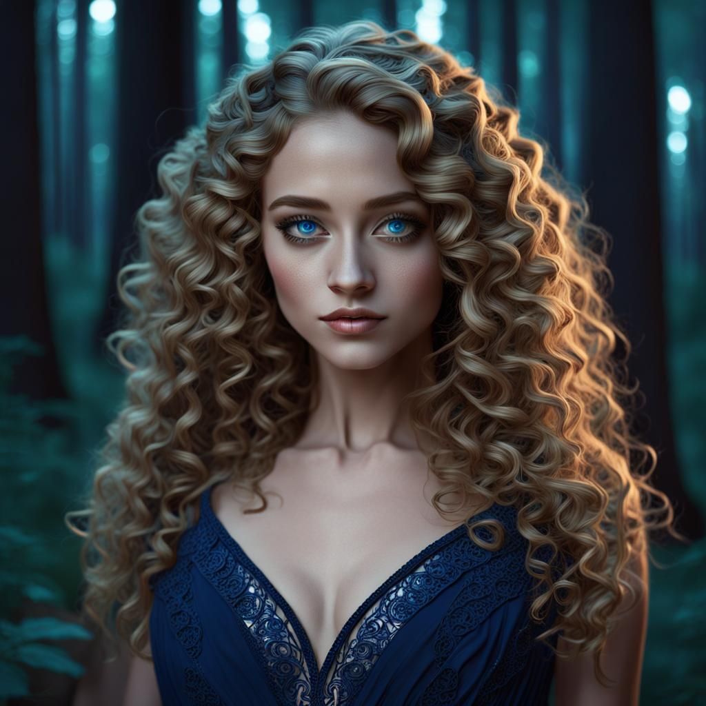 Beautiful Girl in Forest at Night, Matte Painting