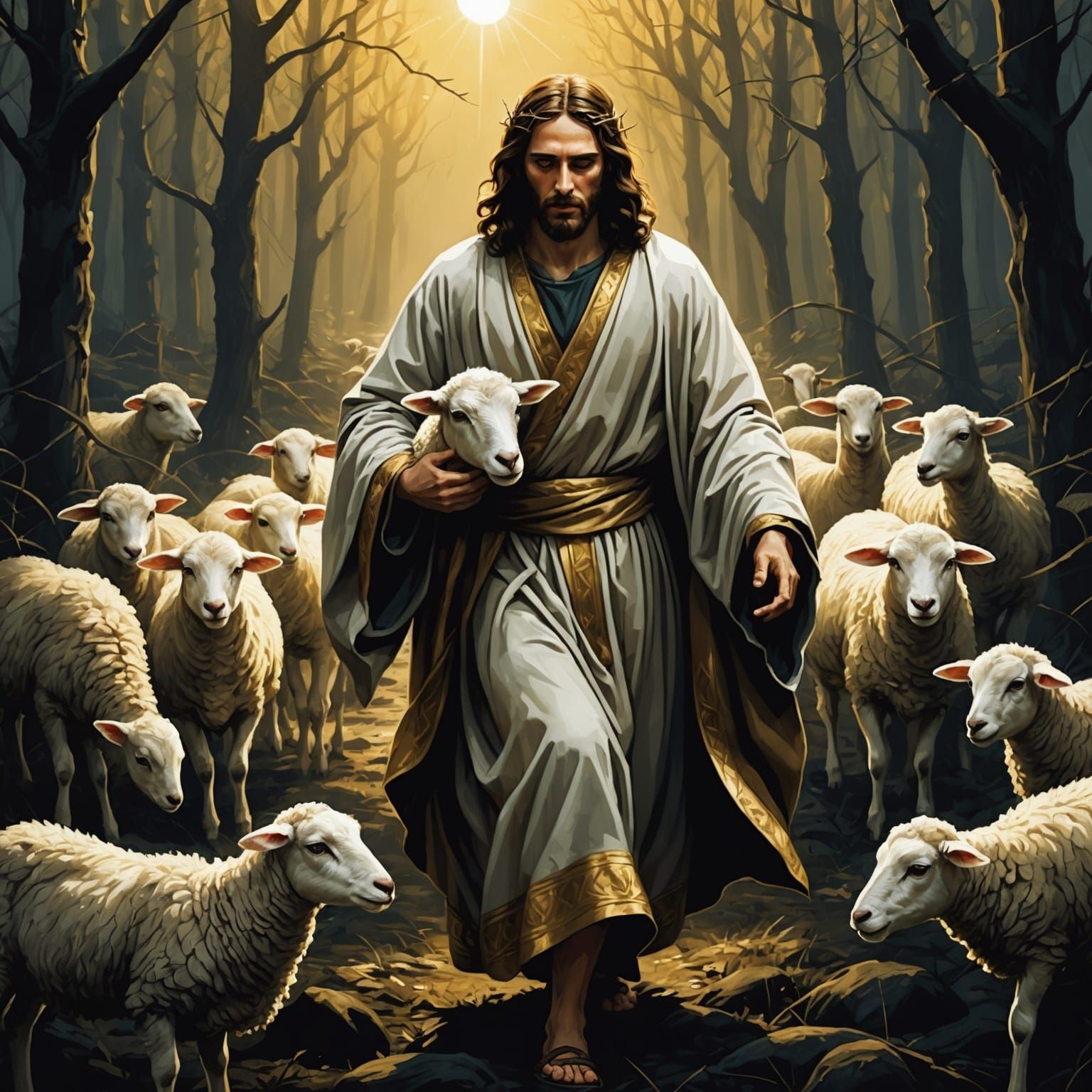 Jesus Rescuing Lamb from Demons in Forest