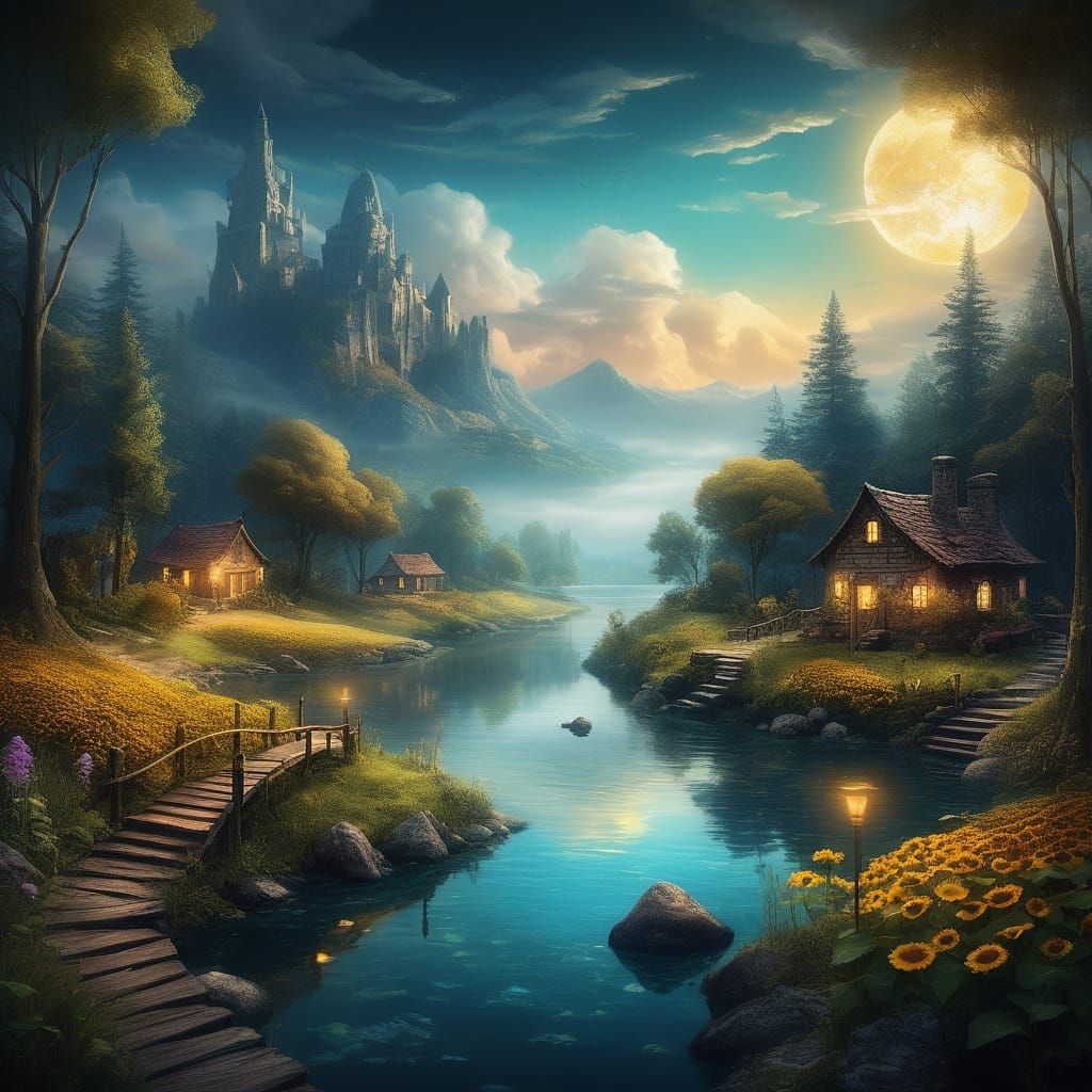 Bioluminescent Sunflower Sunset Landscape in Digital Art