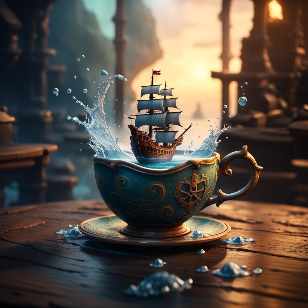 Enchanted Pirate Ship Sailing in Teacup, Matte Painting