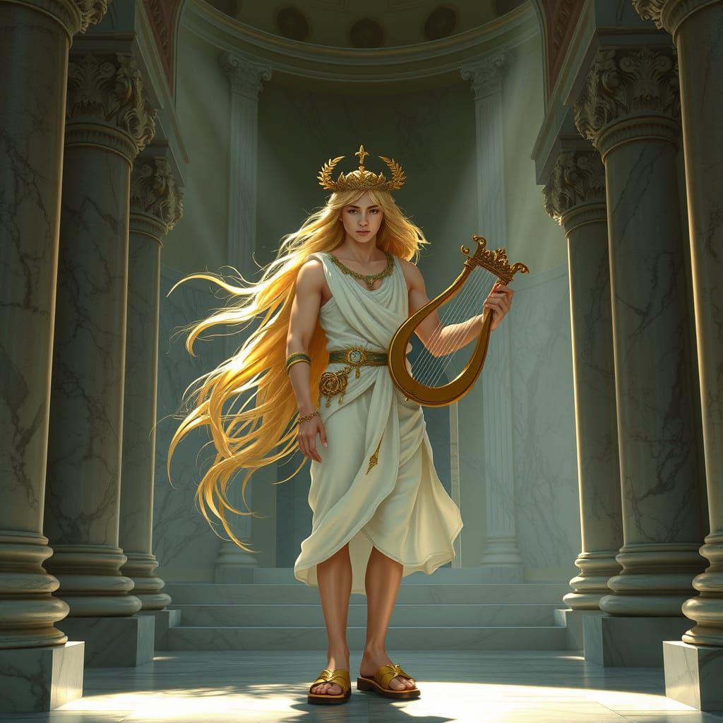 Radiant Apollo in Sunlit Temple, Dark Fantasy Style