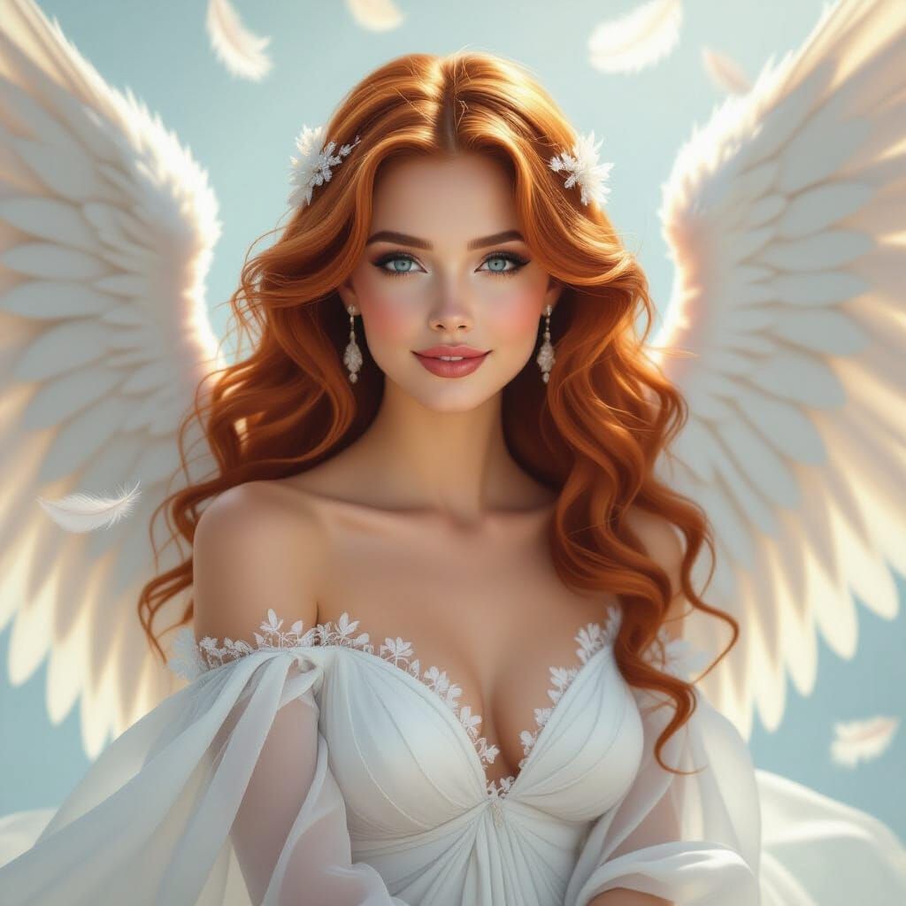 Auburn-Haired Angel in White Gown with Feathers