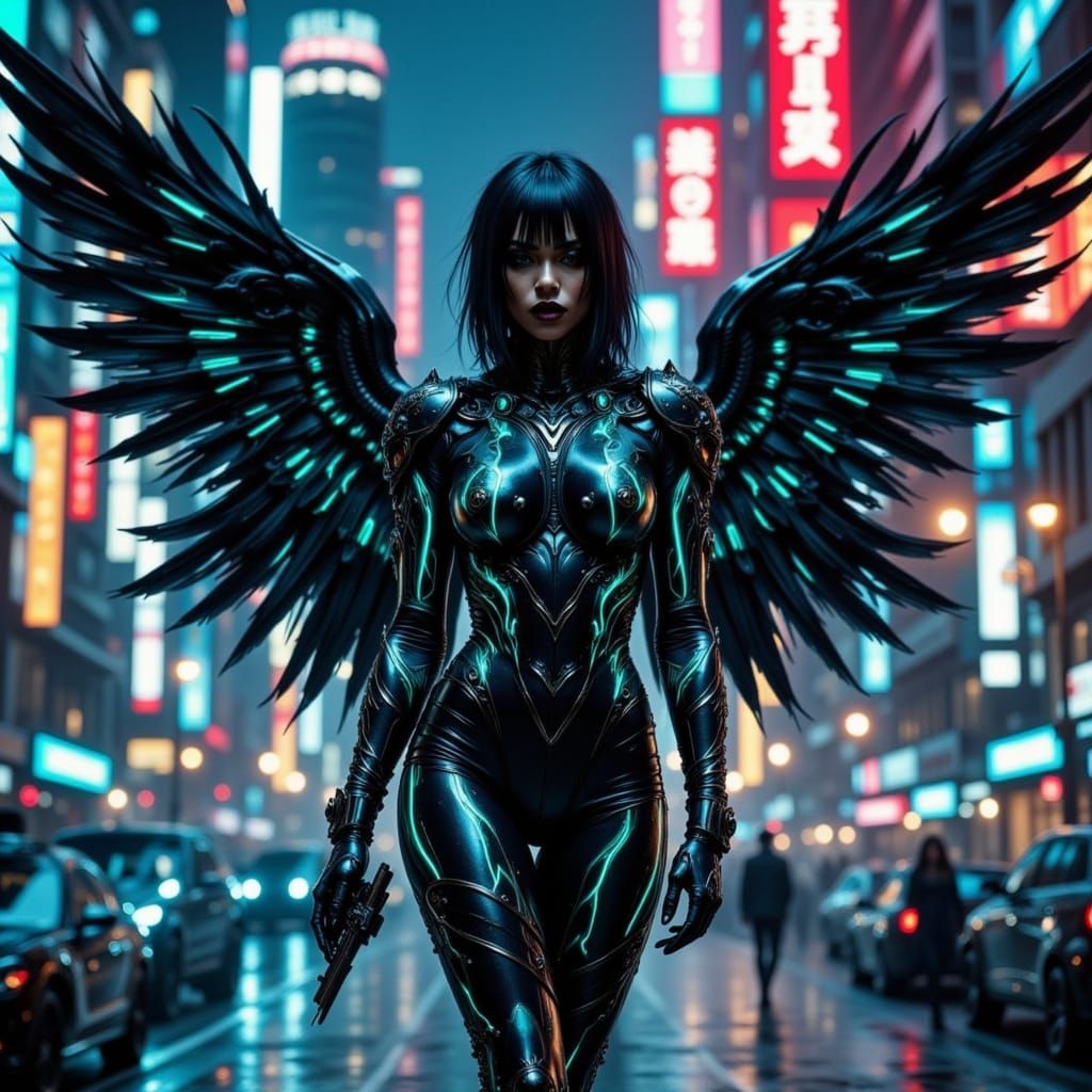 Afrocentric Cyber-Angel in Neon Cityscape