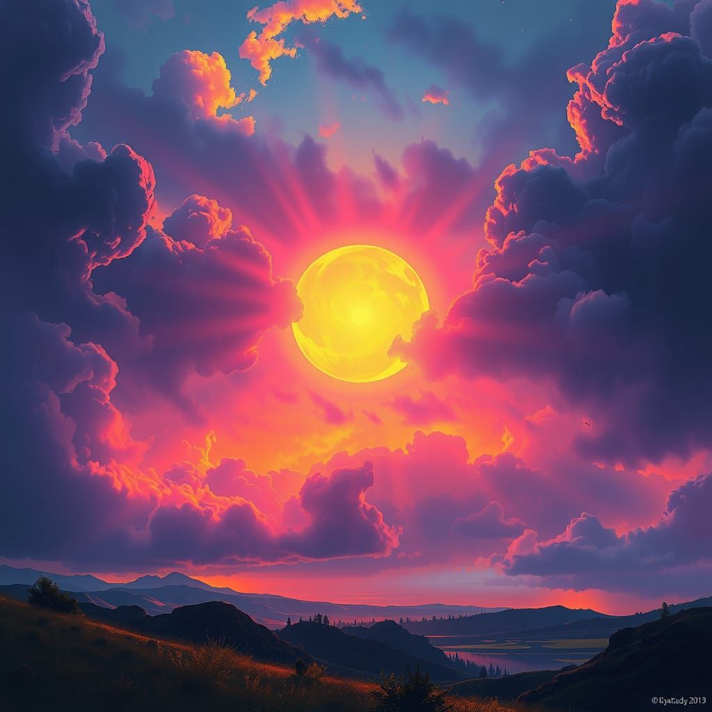 Blazing Black Hole Sun in Sci-Fi Landscape