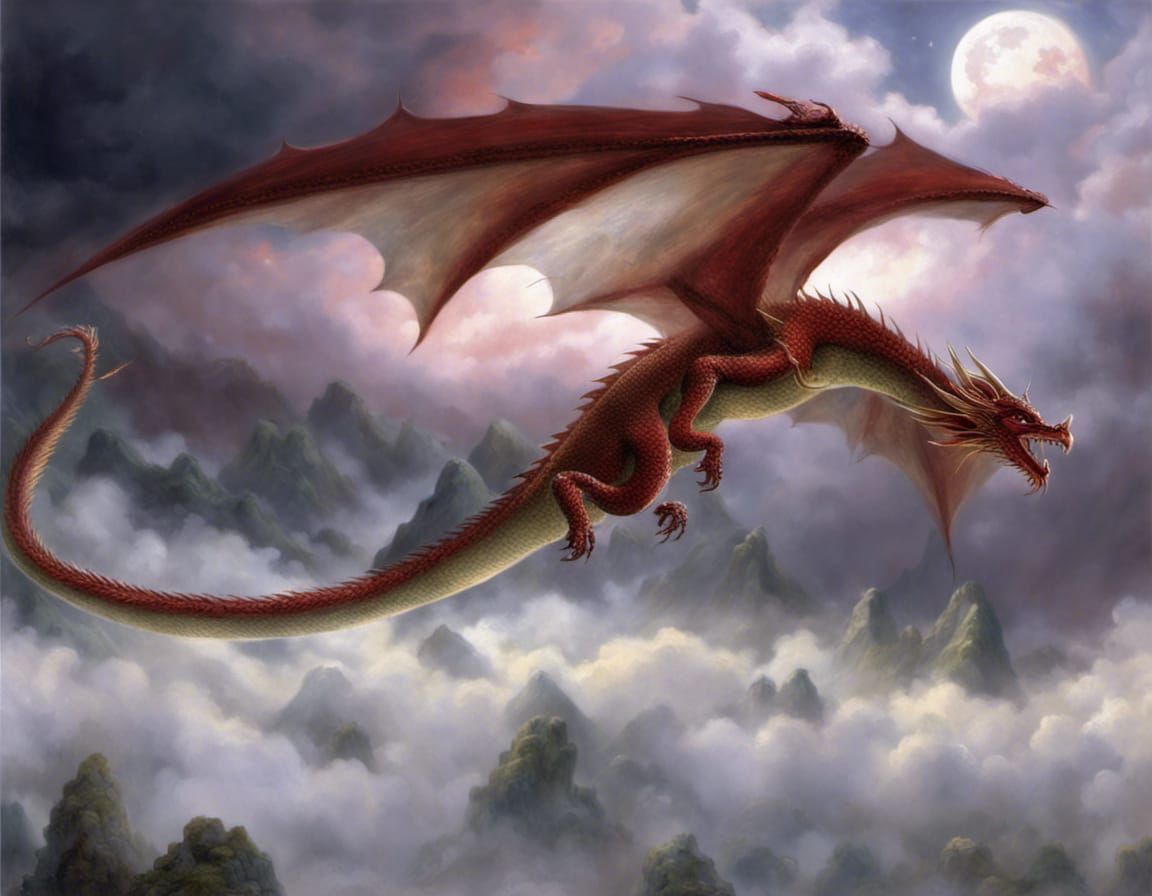 Red Dragon in Ethereal Moonlit Flight